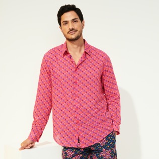 Picture of Men Others Printed - Men Cotton Voile Summer Shirt Micro Ronde Des Tortues, Shocking pink front worn view Picture of Men Others Printed - Men Cotton Voile Summer Shirt Micro Ronde Des Tortues, Shocking pink front worn view