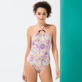 Damen Einteiler Bedruckt - Rainbow Flowers Badeanzug für Damen mit tiefem Rückenausschnitt, Cyclamen Vorderseite getragene Ansicht