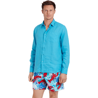 Men Others Solid - Men Linen Shirt Solid, Curacao frontworn Men Others Solid - Men Linen Shirt Solid, Curacao frontworn