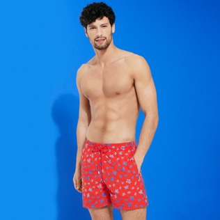 Men Embroidered Swim Shorts Micro Ronde Des Tortues - Limited Edition Poppy red front worn view