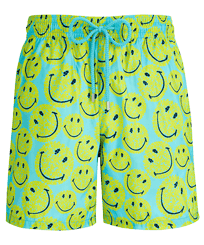 Men Swim Trunks Ultra-light and packables Turtles Smiley - Vilebrequin x Smiley® Lazulii blue front view