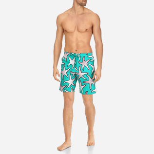 Men Long Printed - Men Stretch Swimtrunks Starfish Art, Veronese green frontworn Men Long Printed - Men Stretch Swimtrunks Starfish Art, Veronese green frontworn