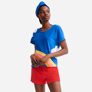Damen Andere Bedruckt - Mehrfarbiges Clouds T-Shirt für Damen – Vilebrequin x JCC+ – Limitierte Serie, Sea blue Vorderseite getragene Ansicht