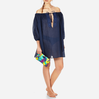 Mujer Vestido Bordado - Vestido en gasa de lino liso con escote bardot para mujer, Azul marino supp3 Mujer Vestido Bordado - Vestido en gasa de lino liso con escote bardot para mujer, Azul marino supp3