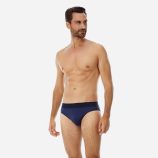 Men Swim brief and Boxer Solid - Men Swim Brief elastic belt solid, Navy frontworn Men Swim brief and Boxer Solid - Men Swim Brief elastic belt solid, Navy frontworn