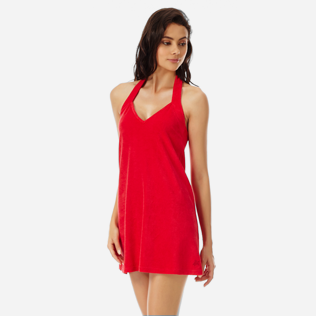 Mujer Autros Liso - Vestido anudado al cuello en tejido terry de color liso para mujer, Red polish frontworn Mujer Autros Liso - Vestido anudado al cuello en tejido terry de color liso para mujer, Red polish frontworn