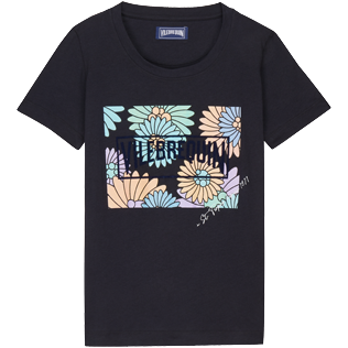 Donna Altri Stampato - T-shirt donna in cotone Marguerites, Blu marine vista frontale
