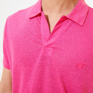 男款 Others 纯色 - 男士纯色亚麻运动 Polo 衫, Shocking pink 细节视图1
