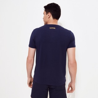 Men Cotton T-Shirt Embroidered The year of the Rabbit Navy back worn view
