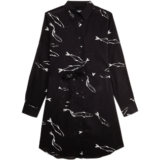 Women Dresses Printed - Women Long Cotton Voile Shirt Dress Fish Dance, Black front Women Dresses Printed - Women Long Cotton Voile Shirt Dress Fish Dance, Black front