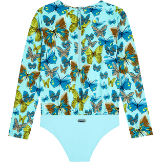 Girls Fitted Printed - Girls One-piece Zipped Rashguard Butterflies, Lagoon back view