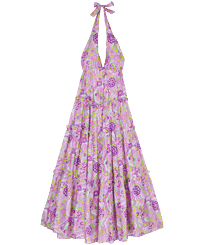 Damen Andere Bedruckt - Langes Rainbow Flowers Kleid aus Baumwolle für Damen, Cyclamen Vorderansicht