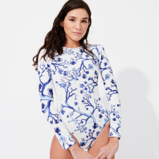 Women Others Printed - Women Rashguard Long Sleeves One-piece Swimsuit Cherry Blossom, Sea blue front worn view