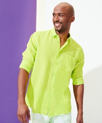 Hombre Autros Liso - Camisa de lino lisa para hombre, Limoncillo vista frontal desgastada