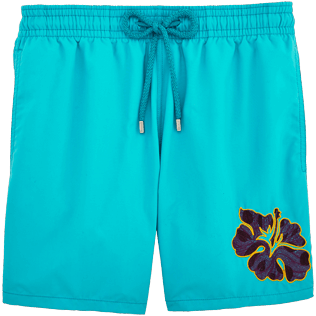 Hombres Corte Clásico Bordado - Bañador con bordado Natural Flower, Celeste front Hombres Corte Clásico Bordado - Bañador con bordado Natural Flower, Celeste front