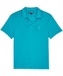 Men Tencel Polo Shirt Solid Ming blue front view