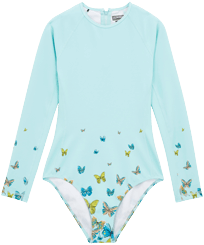 Damen Einteiler Bedruckt - Langärmeliger Butterflies Rashguard-Badeanzug für Damen, Lagune Vorderansicht