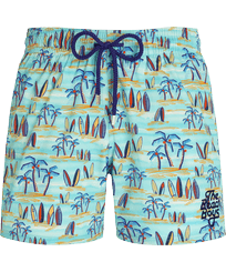 Men Stretch Swim Trunks Palms & Surfs - Vilebrequin x The Beach Boys Lazulii blue front view