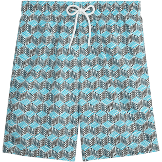 Men Long classic Printed - Fishes Cube Long Cut Swim shorts, Azure front Men Long classic Printed - Fishes Cube Long Cut Swim shorts, Azure front