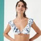 Damen Bügel-Bikini Bedruckt - Cherry Blossom Neckholder-Bikinioberteil für Damen , Sea blue Vorderseite getragene Ansicht