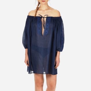 Mujer Vestido Bordado - Vestido en gasa de lino liso con escote bardot para mujer, Azul marino supp1 Mujer Vestido Bordado - Vestido en gasa de lino liso con escote bardot para mujer, Azul marino supp1