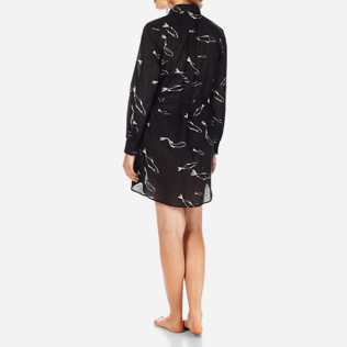 Women Dresses Printed - Women Long Cotton Voile Shirt Dress Fish Dance, Black backworn Women Dresses Printed - Women Long Cotton Voile Shirt Dress Fish Dance, Black backworn