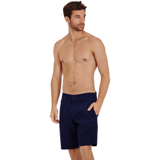Men Others Solid - Men straight Linen Bermuda Shorts Solid, Navy frontworn Men Others Solid - Men straight Linen Bermuda Shorts Solid, Navy frontworn