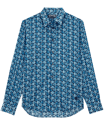 Camisa de verano unisex en gasa de algodón con estampado Batik Fishes Azul marino vista frontal