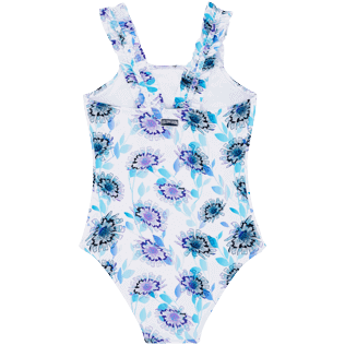 Girls Fitted Printed - Girls One-piece Swimsuit Flash Flowers, Purple blue back view