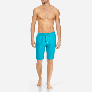 Men Others Solid - Men Italian Pockets Linen Bermuda Shorts Solid, Curacao frontworn Men Others Solid - Men Italian Pockets Linen Bermuda Shorts Solid, Curacao frontworn