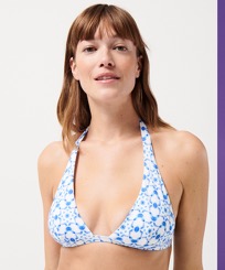 Top de bikini con estampado Ikat Medusa para mujer Blanco vista frontal desgastada