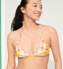 Mujer Tríangulo Estampado - Top de bikini con copas de triángulo y estampado Kaleidoscope para mujer, Camellia vista frontal desgastada