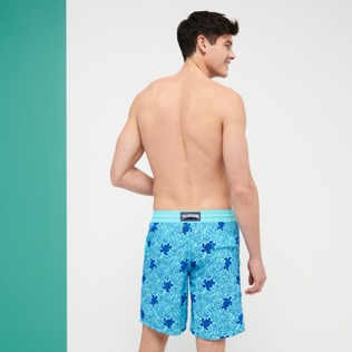 Men Long classic Printed - Men Swim Trunks Long Turtles Splash Flocked, Lazulii blue back worn view