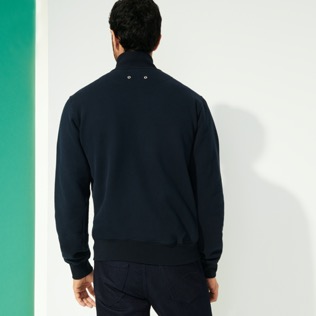 Men Others Embroidered - Men Centered Front Zip Cotton Sweatshirt, Navy back worn view