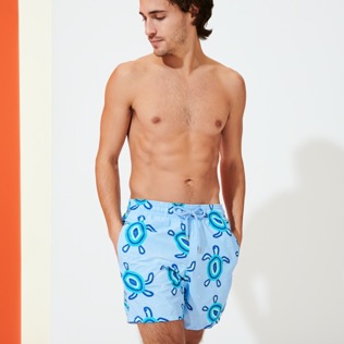 Picture of Men Classic Printed - Men Swim Trunks Mosaic Turtles, Sky blue front worn view Picture of Men Classic Printed - Men Swim Trunks Mosaic Turtles, Sky blue front worn view
