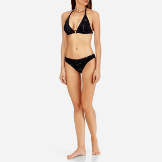 Women Halter Printed - Women Triangle Bikini Top Fish Dance, Black frontworn Women Halter Printed - Women Triangle Bikini Top Fish Dance, Black frontworn