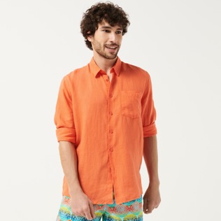 Hombre Autros Liso - Camisa de lino lisa para hombre, Guava detalles vista 7