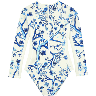 Women Others Printed - Women Rashguard Long Sleeves One-piece Swimsuit Cherry Blossom, Sea blue back view