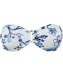Women Bandeau Printed - Women Bandeau Bikini Top Cherry Blossom, Sea blue front view