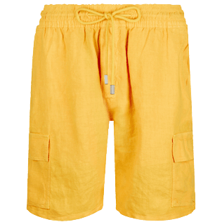 Herren Andere Uni - Einfarbige Leinen-Bermudashorts mit Cargotaschen für Herren, Curry front Herren Andere Uni - Einfarbige Leinen-Bermudashorts mit Cargotaschen für Herren, Curry front