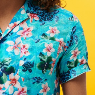 Men Others Printed - Men Bowling Shirt Linen and Cotton Turtles Jungle, Lazulii blue details view 1