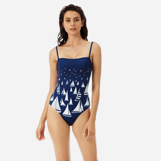 Damen Einteiler Bestickt - Porto Cervo Bustier-Badeanzug für Damen, Marineblau frontworn Damen Einteiler Bestickt - Porto Cervo Bustier-Badeanzug für Damen, Marineblau frontworn