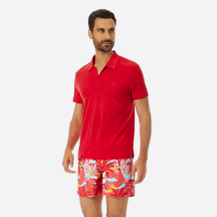 Men Others Solid - Men Linen Jersey Polo Shirt Solid, Red polish frontworn Men Others Solid - Men Linen Jersey Polo Shirt Solid, Red polish frontworn