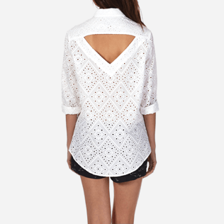 Mujer Camisetas Bordado - Camisa de algodón anudada alrededor del cuello con bordado de troquelado para mujer, Blanco supp6 Mujer Camisetas Bordado - Camisa de algodón anudada alrededor del cuello con bordado de troquelado para mujer, Blanco supp6