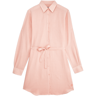 Mujer Vestido Gráfico - Vestido camisero largo de seda y algodón con estampado Micro Stripes para mujer, Nude front Mujer Vestido Gráfico - Vestido camisero largo de seda y algodón con estampado Micro Stripes para mujer, Nude front