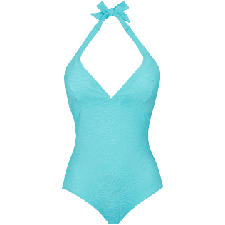 Damen Fitted Uni - Plumes Jacquard-Badeanzug mit Nackenträger für Damen, Lazulii blue Vorderansicht