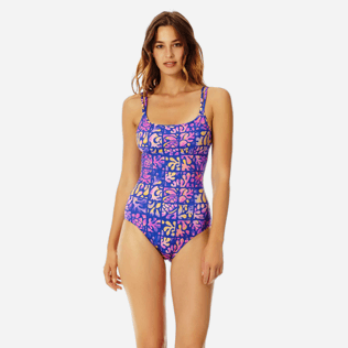 Women One piece Printed - Women round neckline one piece swimsuit Phuket, Sea blue frontworn Women One piece Printed - Women round neckline one piece swimsuit Phuket, Sea blue frontworn