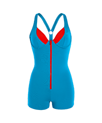 Donna Intero Unita - Costume intero donna a contrasto con shorts - Vilebrequin x JCC+ - Edizione limitata, Swimming pool vista frontale