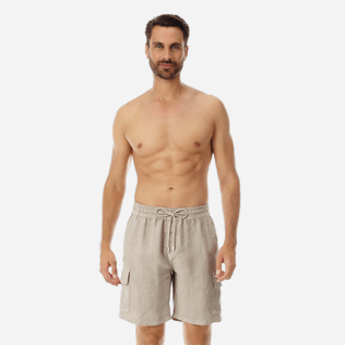 Hombre Autros Liso - Bermudas tipo cargo en lino de color liso para hombre, Safari frontworn Hombre Autros Liso - Bermudas tipo cargo en lino de color liso para hombre, Safari frontworn