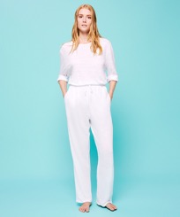 男款 Others 纯色 - Unisex Linen Jersey Pants Solid, White 正面穿戴视图